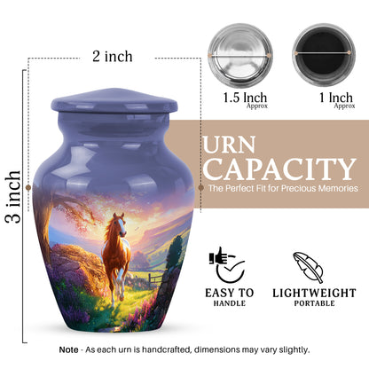 Indigo Horse Cremation Urn close-up of engraving and surface detail - classic sculpted horse pattern on smooth aluminum - mini keepsake memorial for portion of cremation ashes