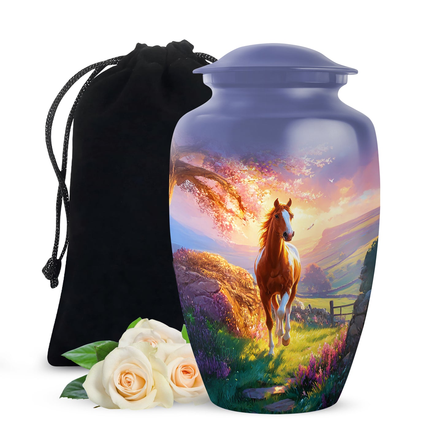 Calming Blue Horse Cremation Urn angled view of lid and engraved motif - elegant classic horse relief with fine detailing - full-size 10 inch 200 cubic inch adult cremation urn