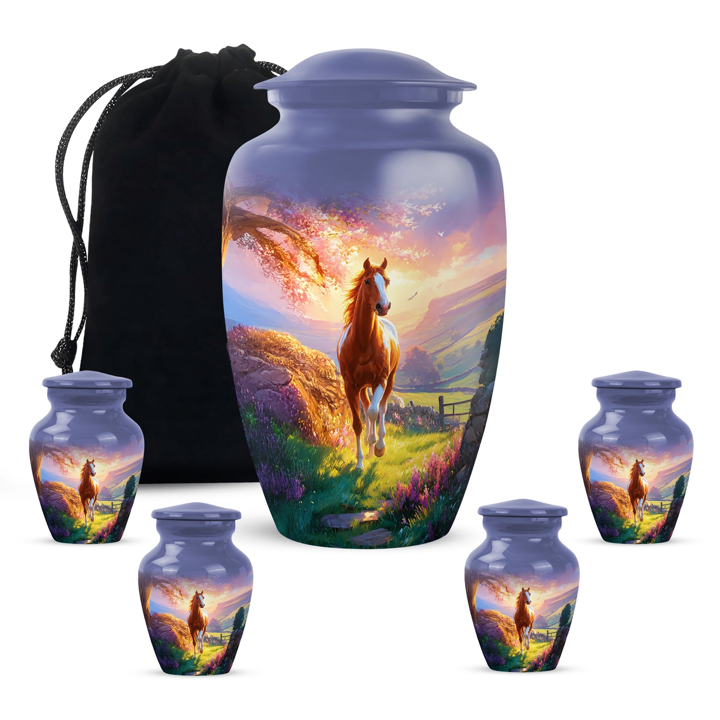 Cobalt Blue Horse Cremation Urn top-down view of secure threaded lid - elegant classic horse relief with fine detailing - memorial set with one large and four small urns