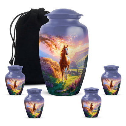 Cobalt Blue Horse Cremation Urn top-down view of secure threaded lid - elegant classic horse relief with fine detailing - memorial set with one large and four small urns