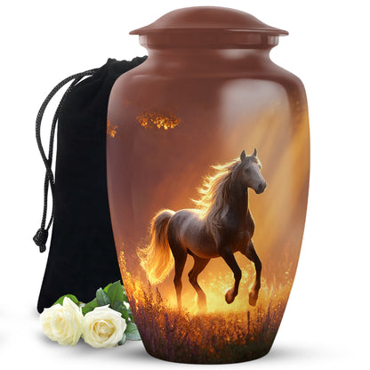 Cherry Red Horse Cremation Urn angled view of lid and engraved motif - elegant classic horse relief with fine detailing - full-size 10 inch 200 cubic inch adult cremation urn