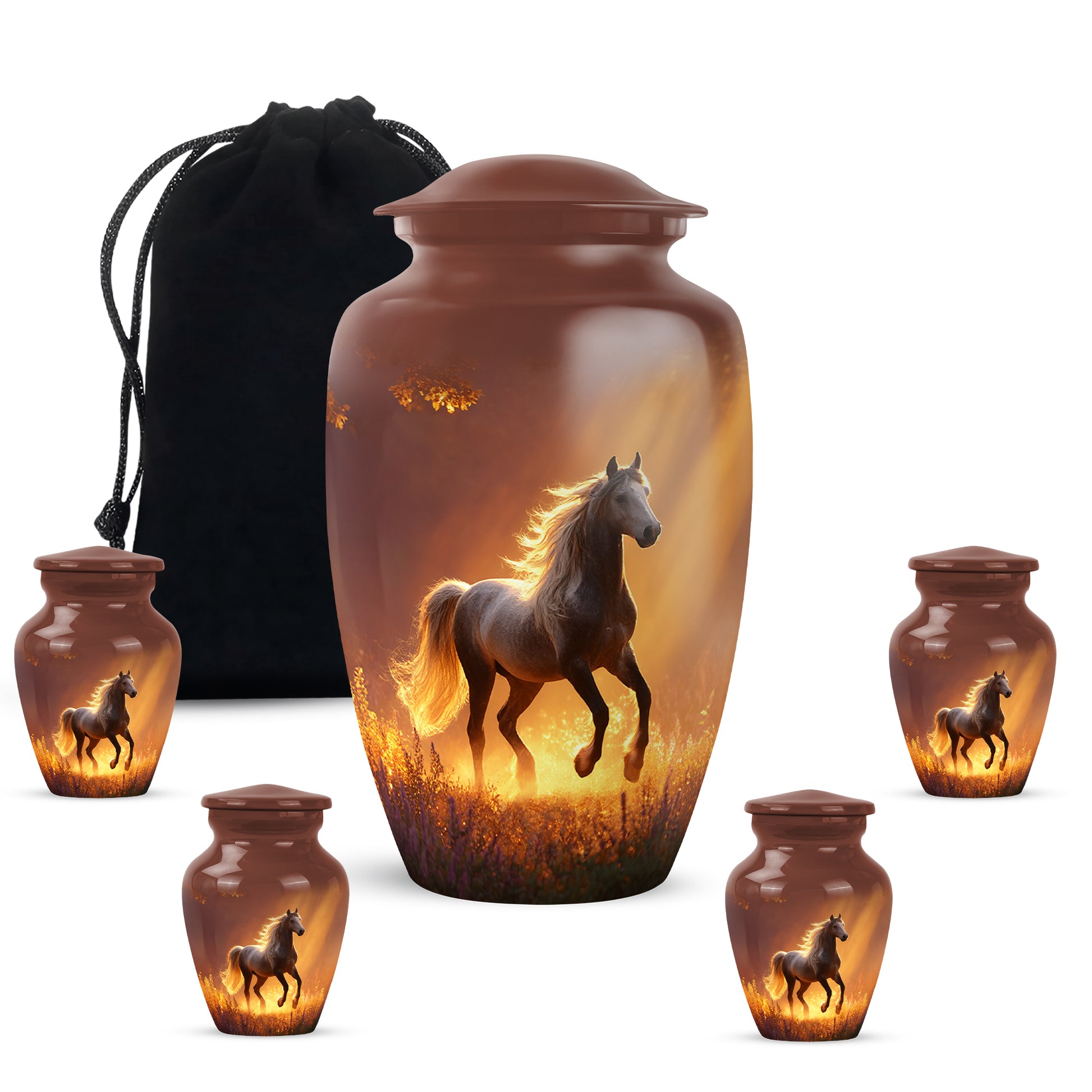 Crimson Red Horse Cremation Urn top-down view of secure threaded lid - timeless horse motif etched into premium metal - memorial set with one large and four small urns