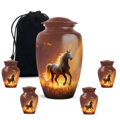 Crimson Red Horse Cremation Urn top-down view of secure threaded lid - timeless horse motif etched into premium metal - memorial set with one large and four small urns