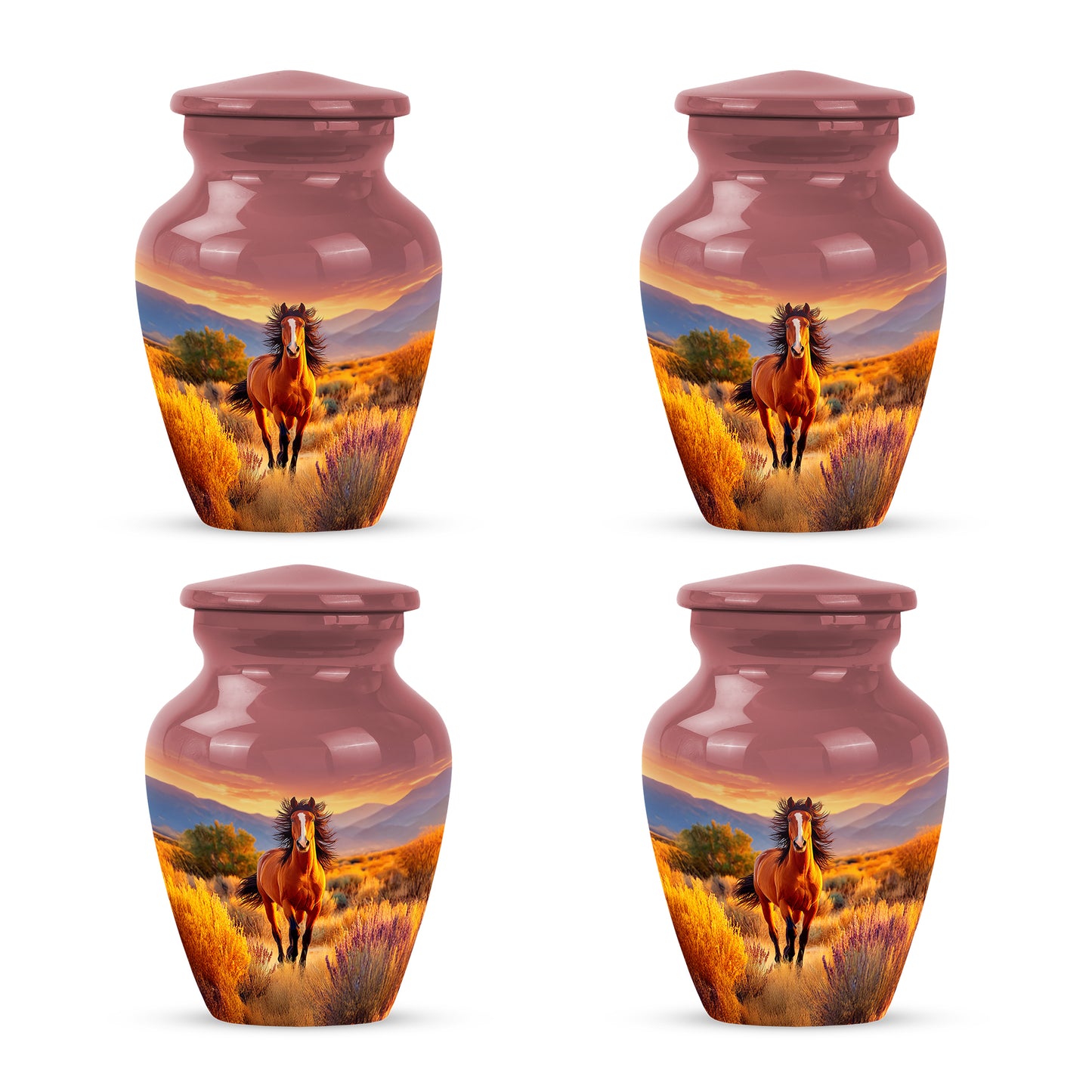 Fiery Red Horse Cremation Urn side profile showing urn shape - traditional horse engraving with hand-polished finish - 10 inch aluminum urn for cremated remains