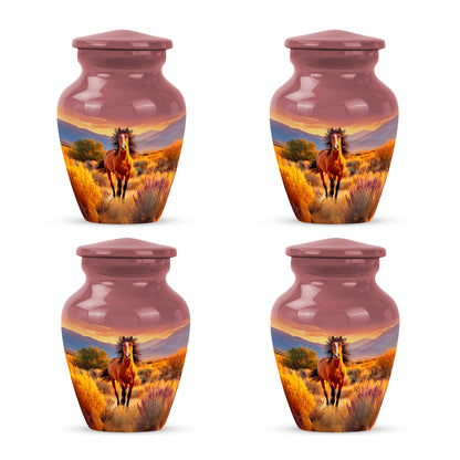 Fiery Red Horse Cremation Urn side profile showing urn shape - traditional horse engraving with hand-polished finish - 10 inch aluminum urn for cremated remains