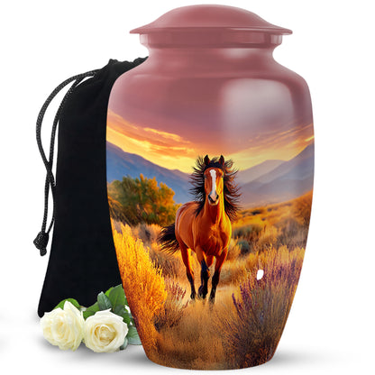 Burgundy Red Horse Cremation Urn angled view of lid and engraved motif - classic sculpted horse pattern on smooth aluminum - full-size 10 inch 200 cubic inch adult cremation urn