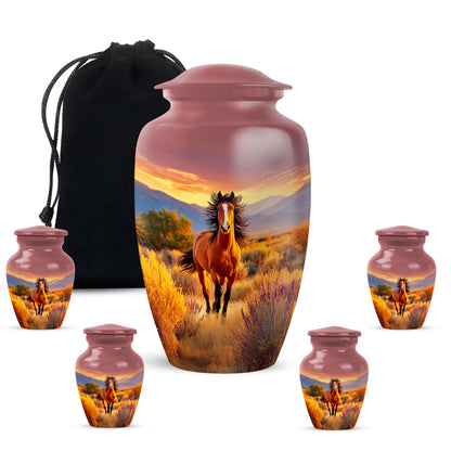Burgundy Red Horse Cremation Urn top-down view of secure threaded lid - classic sculpted horse pattern on smooth aluminum - memorial set with one large and four small urns