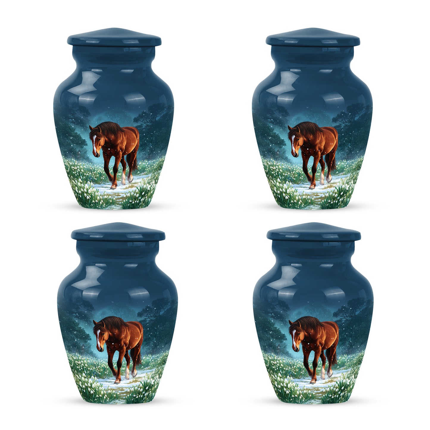 Soft Blue Horse Cremation Urn side profile showing urn shape - traditional horse engraving with hand-polished finish - 10 inch aluminum urn for cremated remains