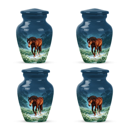 Soft Blue Horse Cremation Urn side profile showing urn shape - traditional horse engraving with hand-polished finish - 10 inch aluminum urn for cremated remains