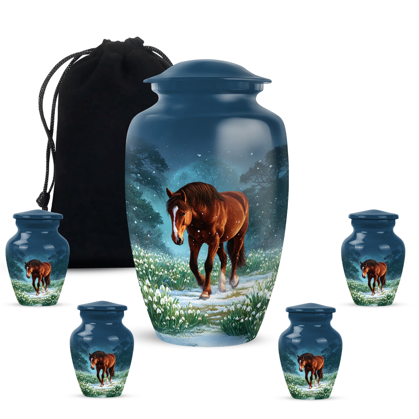 Icy Blue Horse Cremation Urn top-down view of secure threaded lid - timeless horse motif etched into premium metal - memorial set with one large and four small urns