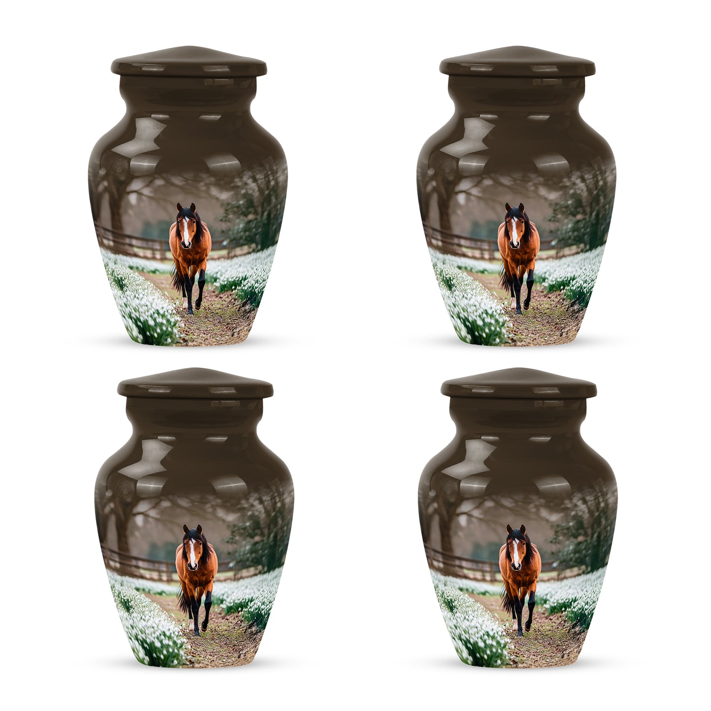 Royal Gold Horse Cremation Urn side profile showing urn shape - traditional horse engraving with hand-polished finish - 10 inch aluminum urn for cremated remains