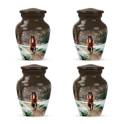 Royal Gold Horse Cremation Urn side profile showing urn shape - traditional horse engraving with hand-polished finish - 10 inch aluminum urn for cremated remains