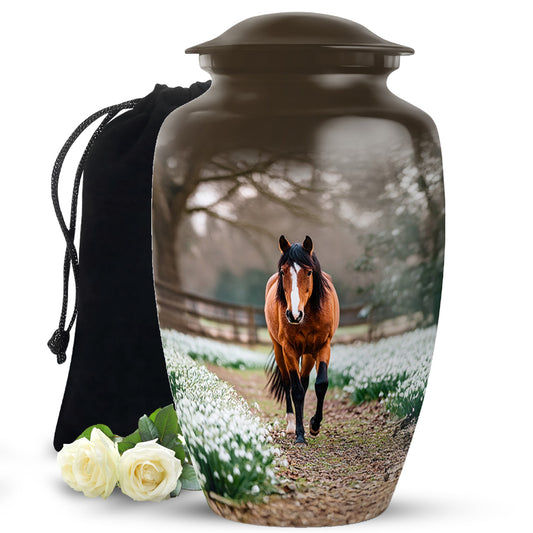 Amber Gold Horse Cremation Urn angled view of lid and engraved motif - classic sculpted horse pattern on smooth aluminum - full-size 10 inch 200 cubic inch adult cremation urn