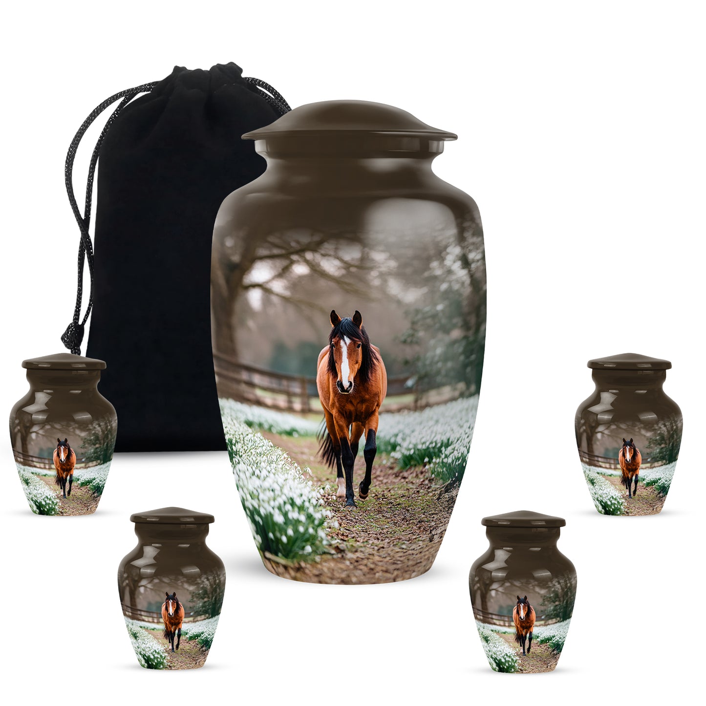 Champagne Gold Horse Cremation Urn top-down view of secure threaded lid - timeless horse motif etched into premium metal - memorial set with one large and four small urns