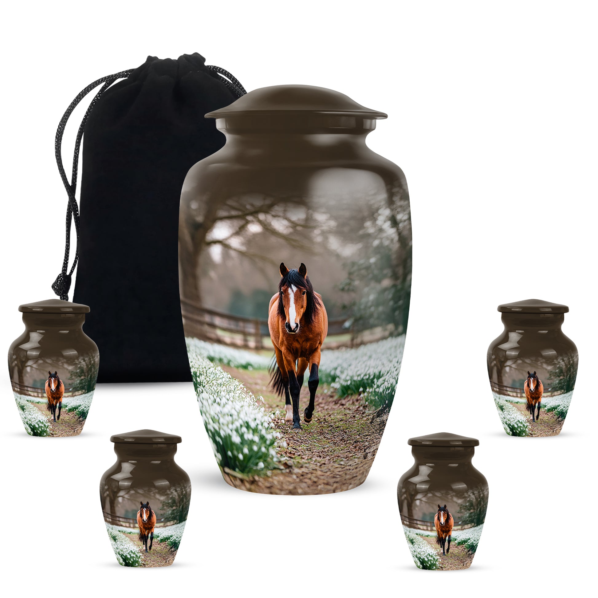 Champagne Gold Horse Cremation Urn top-down view of secure threaded lid - timeless horse motif etched into premium metal - memorial set with one large and four small urns