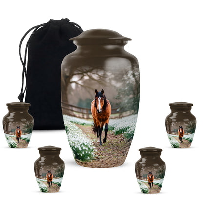 Champagne Gold Horse Cremation Urn top-down view of secure threaded lid - timeless horse motif etched into premium metal - memorial set with one large and four small urns