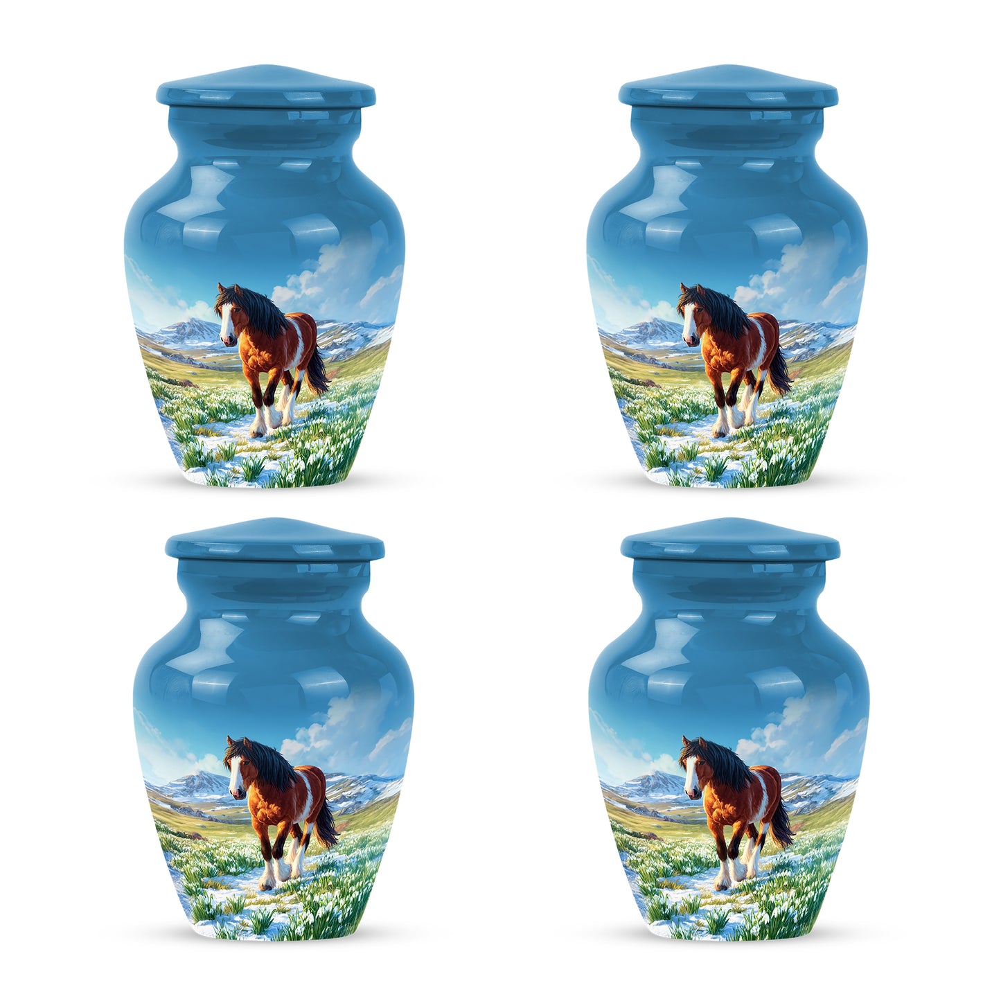 Icy Blue Horse Cremation Urn side profile showing urn shape - timeless horse motif etched into premium metal - 10 inch aluminum urn for cremated remains
