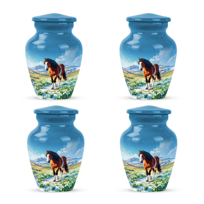 Icy Blue Horse Cremation Urn side profile showing urn shape - timeless horse motif etched into premium metal - 10 inch aluminum urn for cremated remains