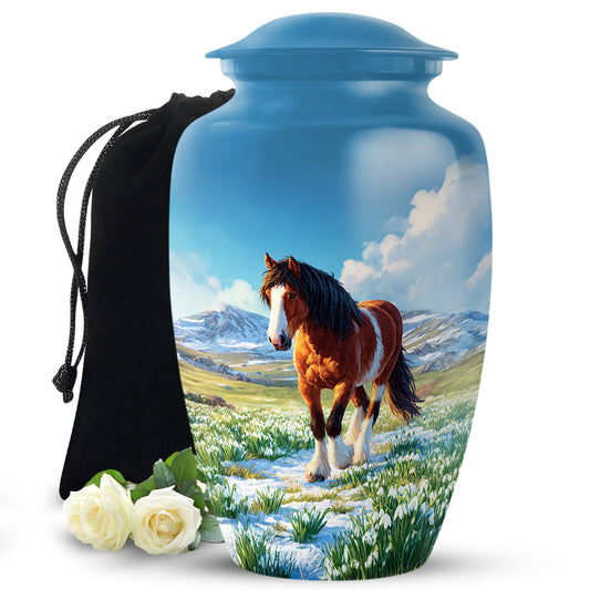 Serene Blue Horse Cremation Urn angled view of lid and engraved motif - traditional horse engraving with hand-polished finish - full-size 10 inch 200 cubic inch adult cremation urn