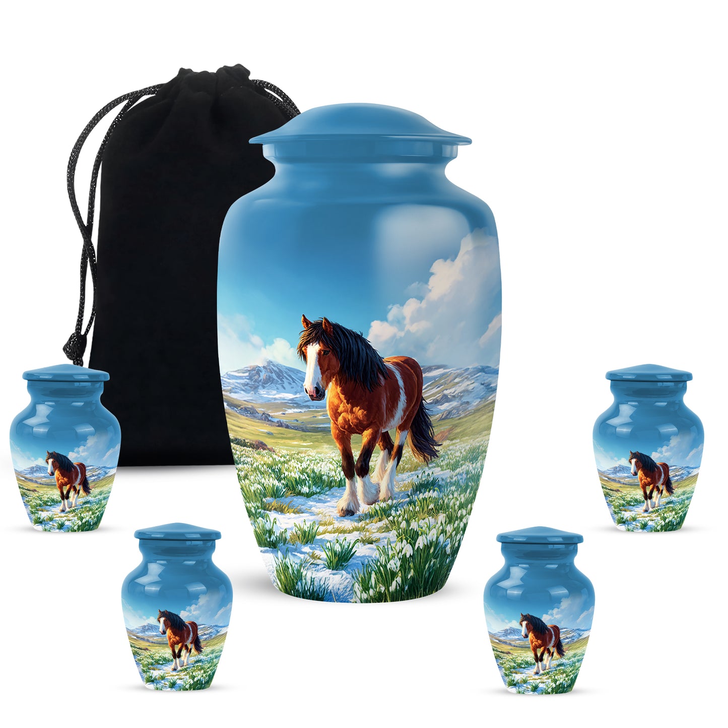 Steel Blue Horse Cremation Urn top-down view of secure threaded lid - elegant classic horse relief with fine detailing - memorial set with one large and four small urns