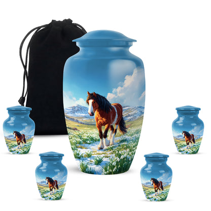 Steel Blue Horse Cremation Urn top-down view of secure threaded lid - elegant classic horse relief with fine detailing - memorial set with one large and four small urns
