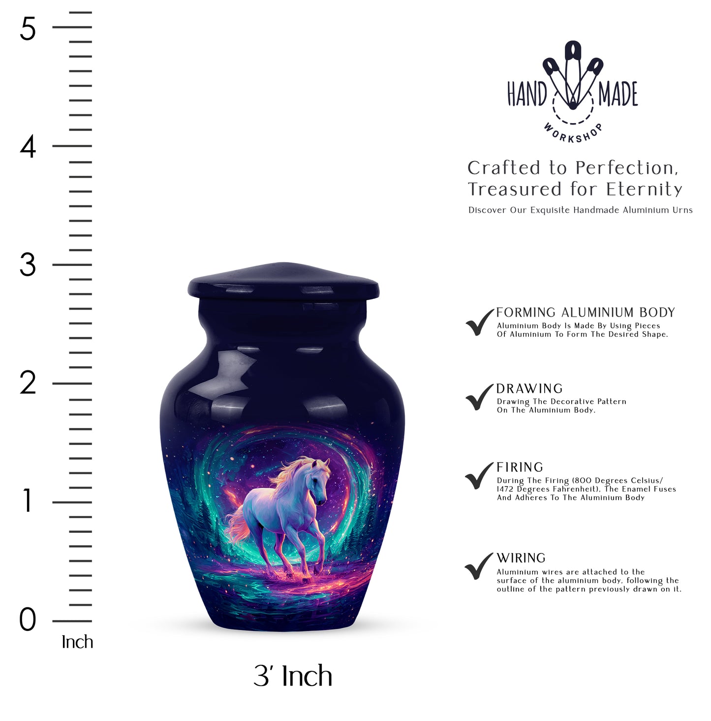 Navy Blue Horse Cremation Urn close-up of engraving and surface detail - classic sculpted horse pattern on smooth aluminum - mini keepsake memorial for portion of cremation ashes