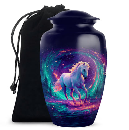 Pastel Blue Horse Cremation Urn angled view of lid and engraved motif - classic sculpted horse pattern on smooth aluminum - full-size 10 inch 200 cubic inch adult cremation urn