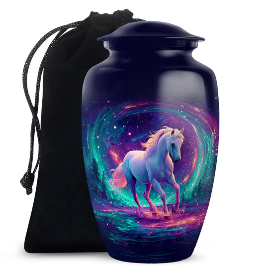 Pastel Blue Horse Cremation Urn angled view of lid and engraved motif - classic sculpted horse pattern on smooth aluminum - full-size 10 inch 200 cubic inch adult cremation urn