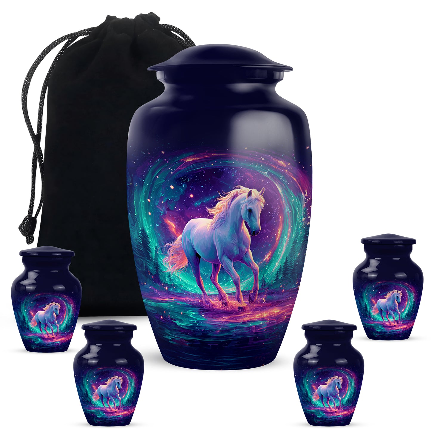Bright Blue Horse Cremation Urn top-down view of secure threaded lid - elegant classic horse relief with fine detailing - memorial set with one large and four small urns