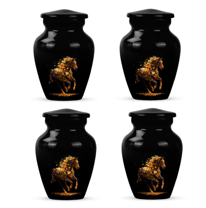 Ebony Horse Cremation Urn side profile showing urn shape - classic sculpted horse pattern on smooth aluminum - 10 inch aluminum urn for cremated remains