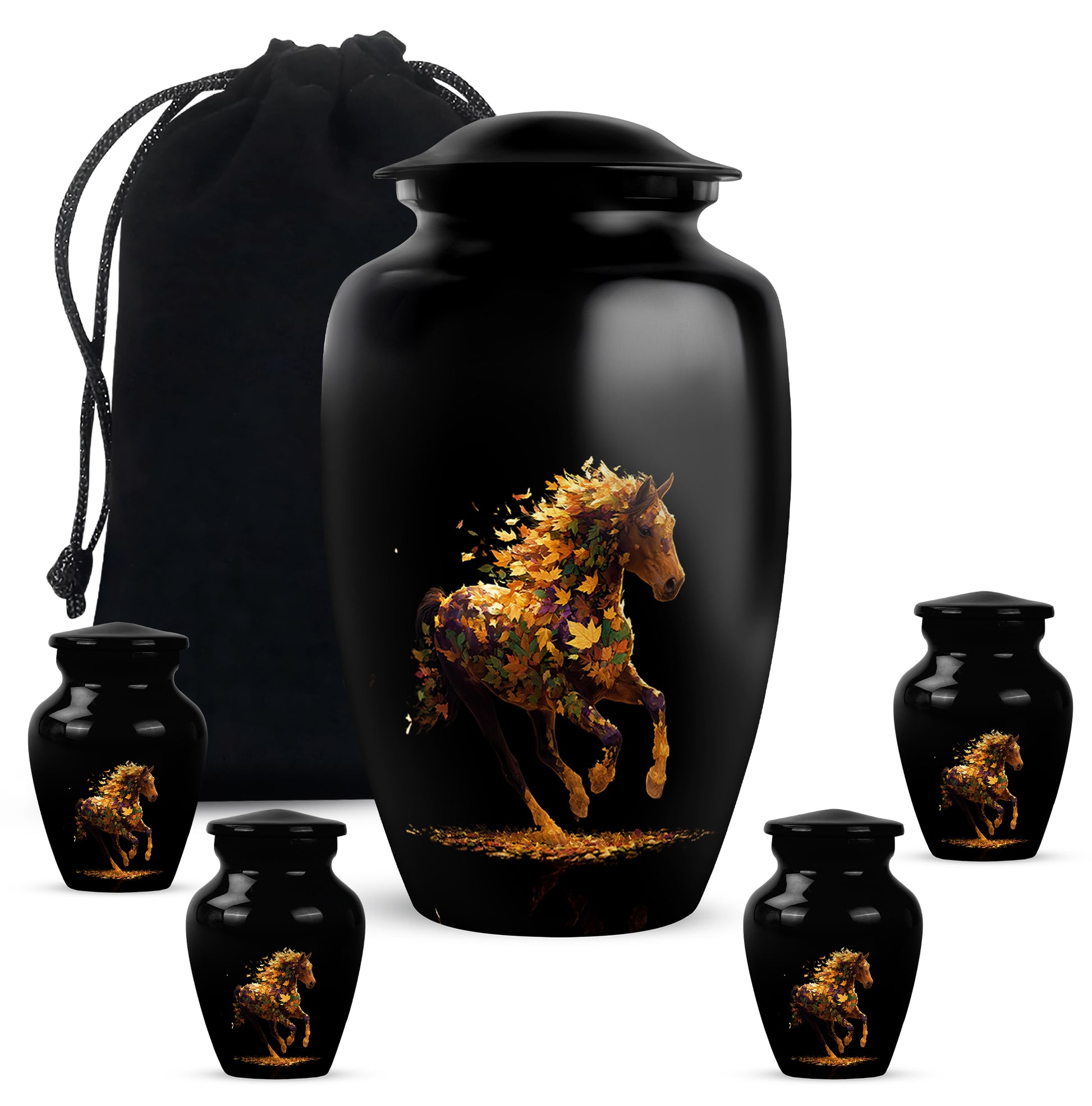 Obsidian Black Horse Cremation Urn top-down view of secure threaded lid - traditional horse engraving with hand-polished finish - memorial set with one large and four small urns