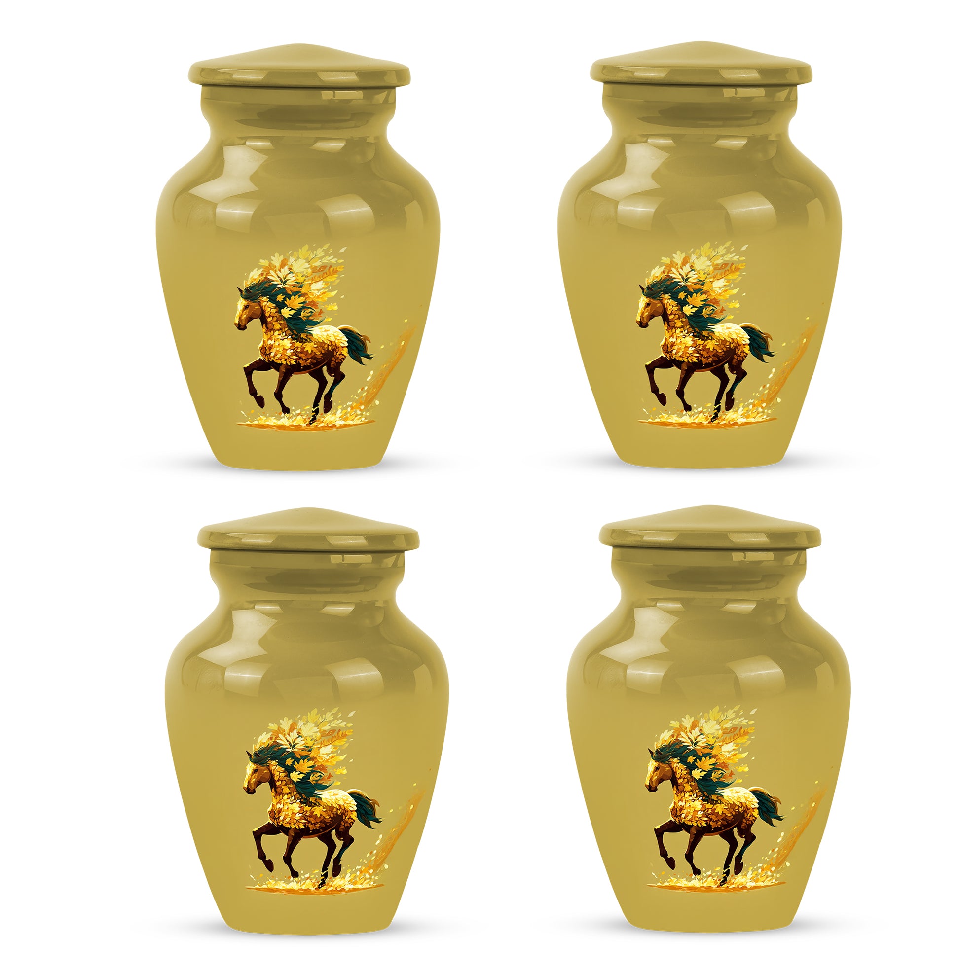 Amber Gold Horse Cremation Urn side profile showing urn shape - classic sculpted horse pattern on smooth aluminum - 10 inch aluminum urn for cremated remains