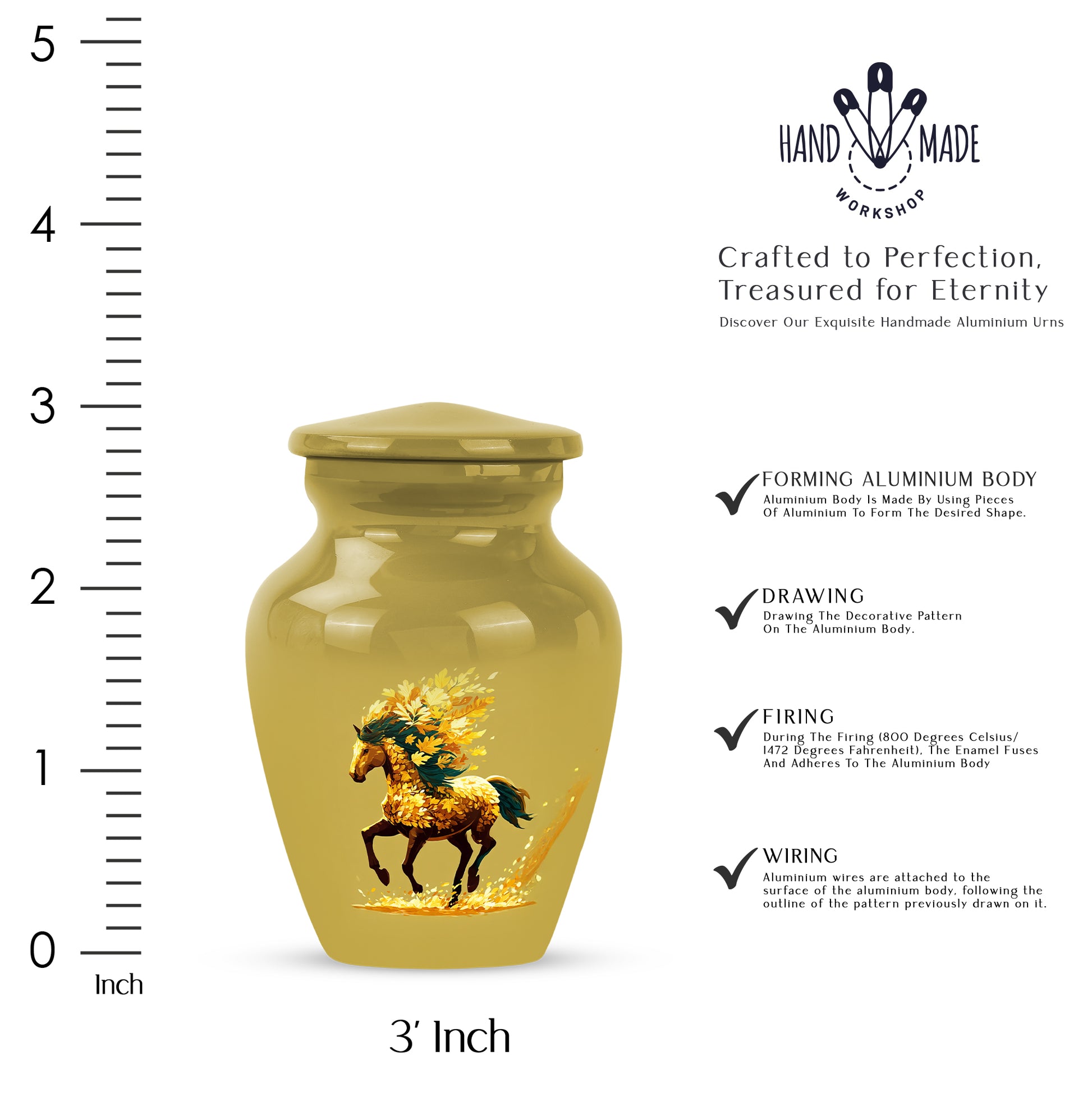 Burnished Gold Horse Cremation Urn close-up of engraving and surface detail - traditional horse engraving with hand-polished finish - mini keepsake memorial for portion of cremation ashes