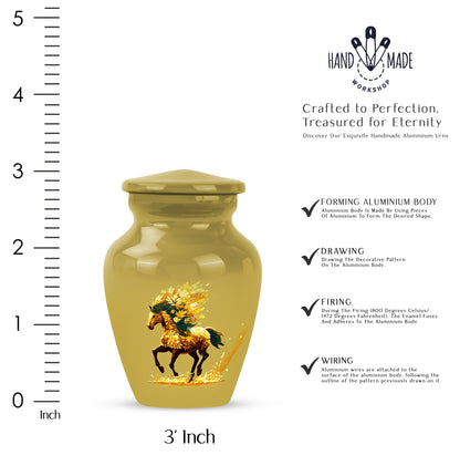 Burnished Gold Horse Cremation Urn close-up of engraving and surface detail - traditional horse engraving with hand-polished finish - mini keepsake memorial for portion of cremation ashes