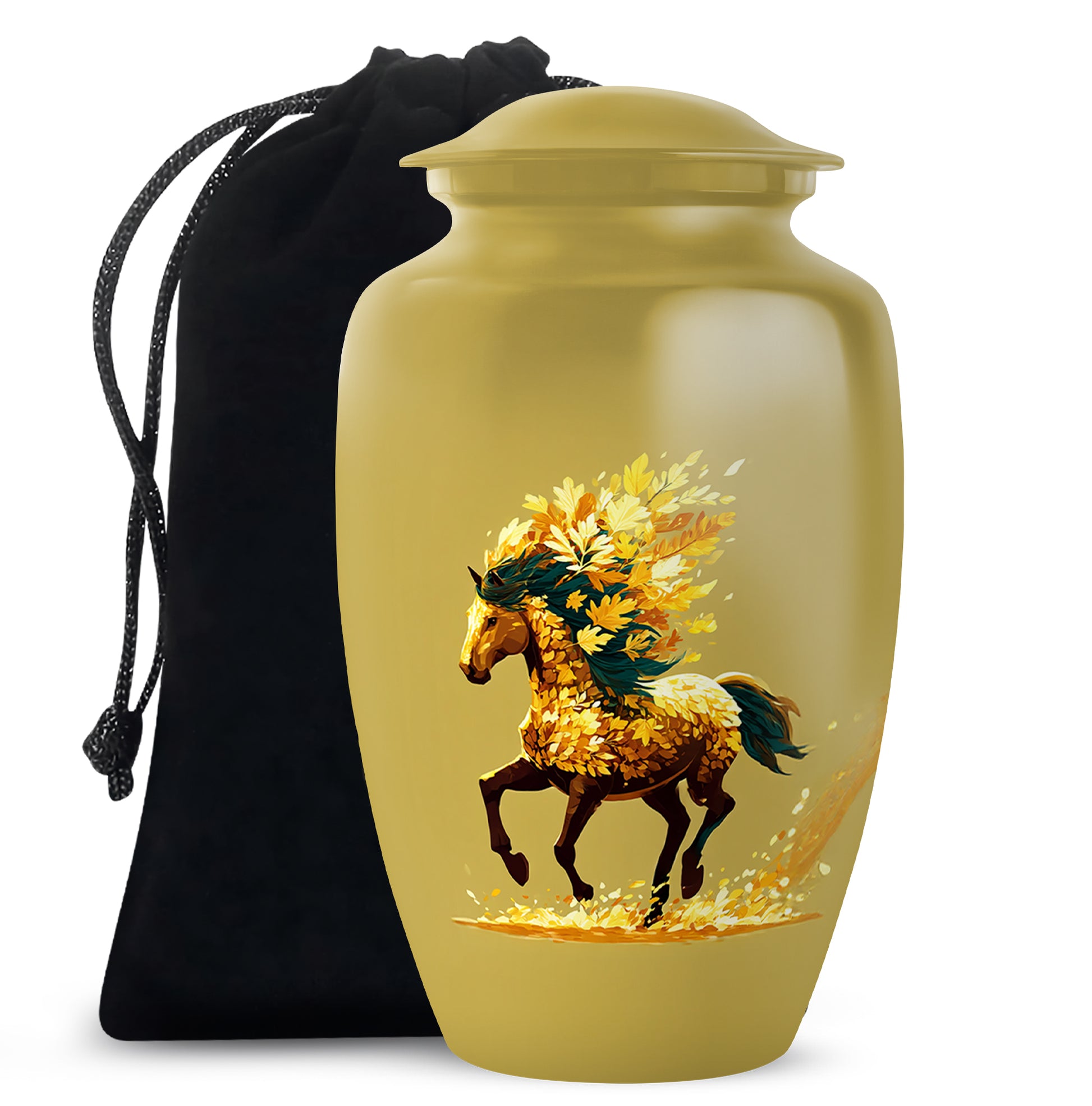 Amber Gold Horse Cremation Urn angled view of lid and engraved motif - timeless horse motif etched into premium metal - full-size 10 inch 200 cubic inch adult cremation urn