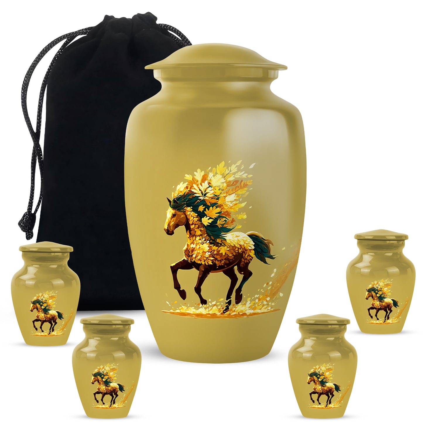 Warm Gold Horse Cremation Urn top-down view of secure threaded lid - traditional horse engraving with hand-polished finish - memorial set with one large and four small urns