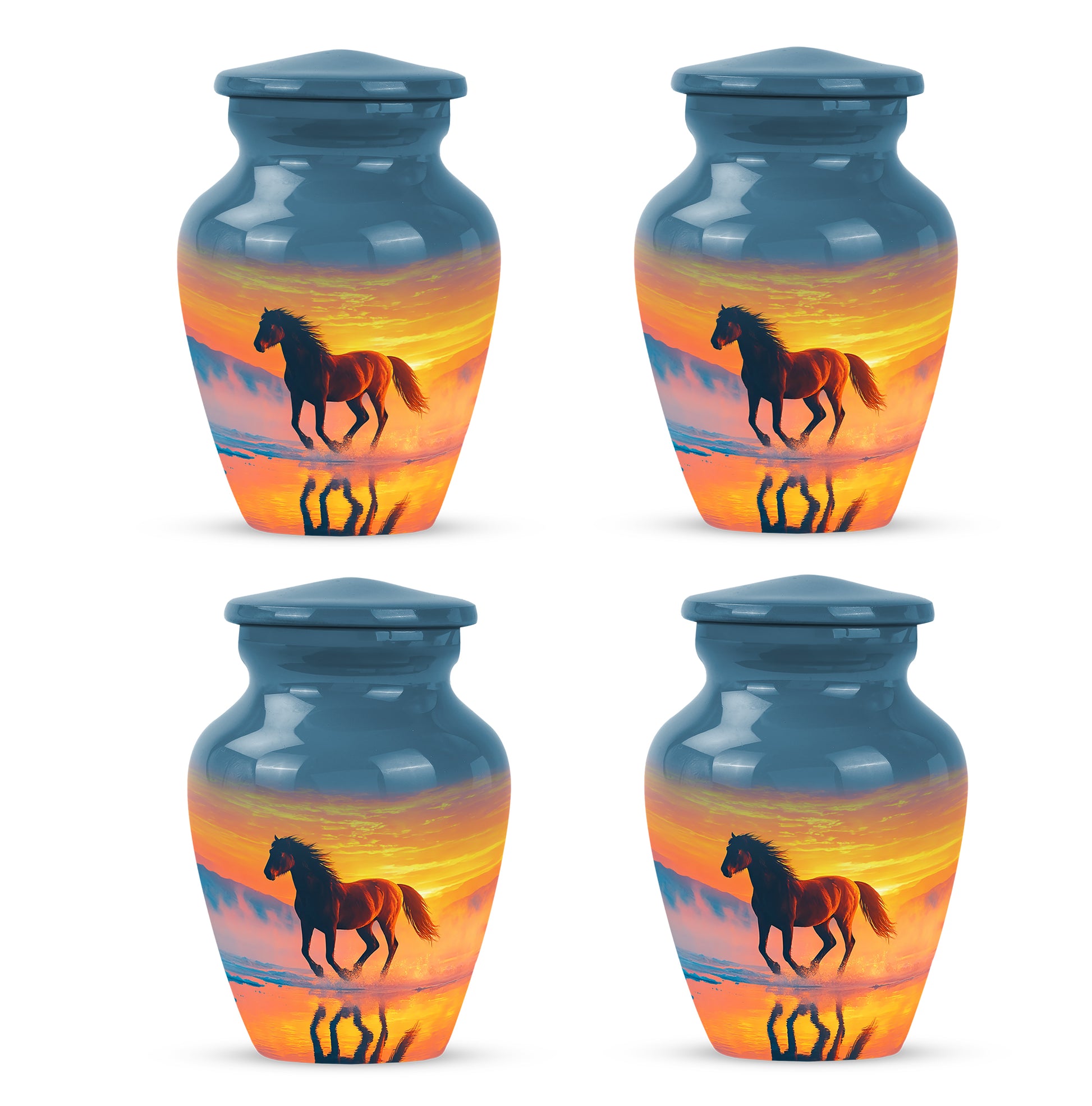 Cornflower Blue Horse Cremation Urn side profile showing urn shape - traditional horse engraving with hand-polished finish - 10 inch aluminum urn for cremated remains