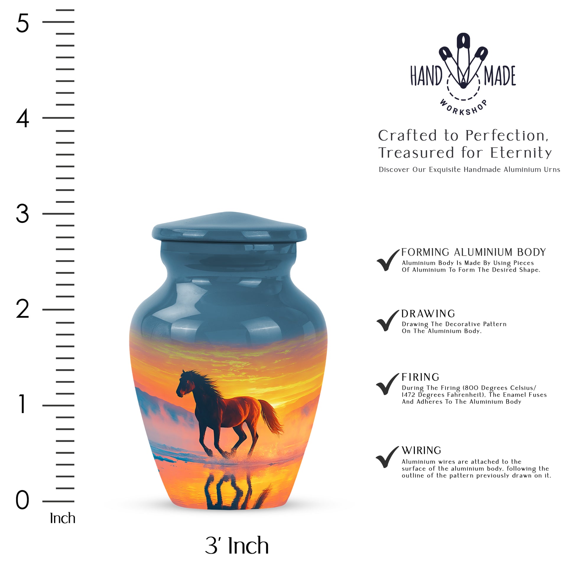 Sapphire Blue Horse Cremation Urn close-up of engraving and surface detail - traditional horse engraving with hand-polished finish - mini keepsake memorial for portion of cremation ashes