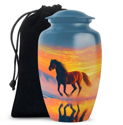 Navy Blue Horse Cremation Urn angled view of lid and engraved motif - classic sculpted horse pattern on smooth aluminum - full-size 10 inch 200 cubic inch adult cremation urn