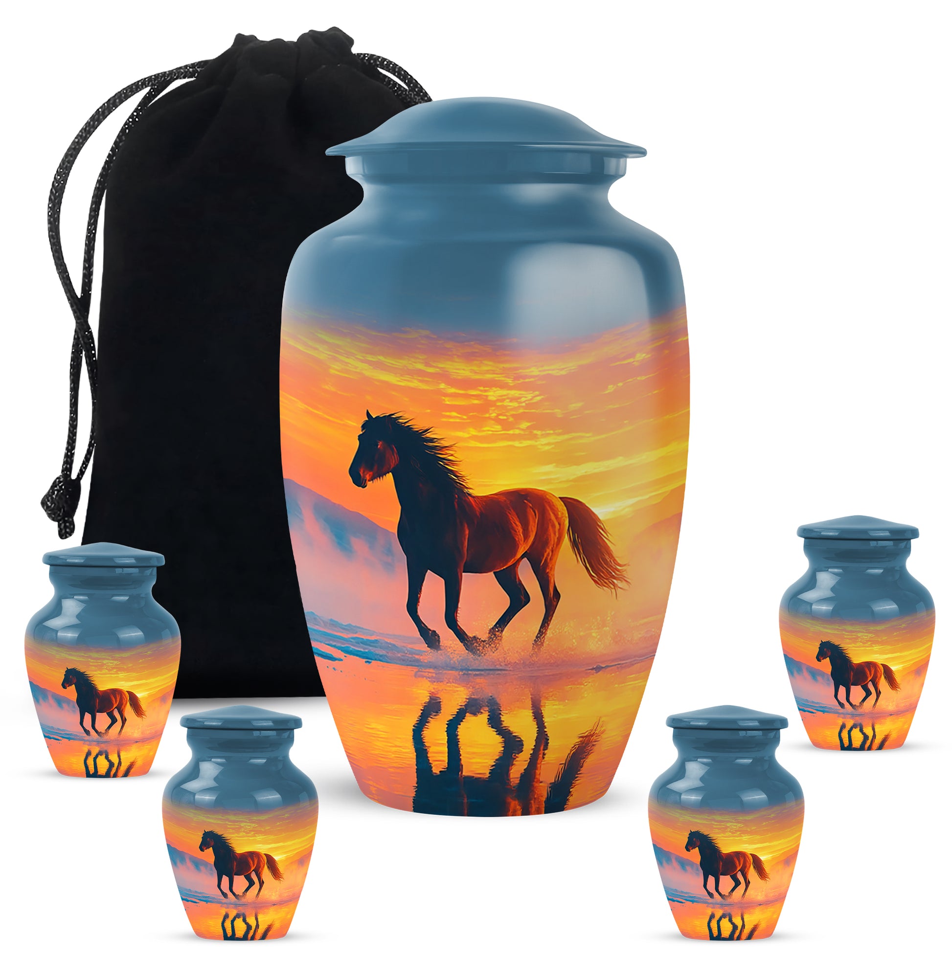 Sapphire Blue Horse Cremation Urn top-down view of secure threaded lid - elegant classic horse relief with fine detailing - memorial set with one large and four small urns
