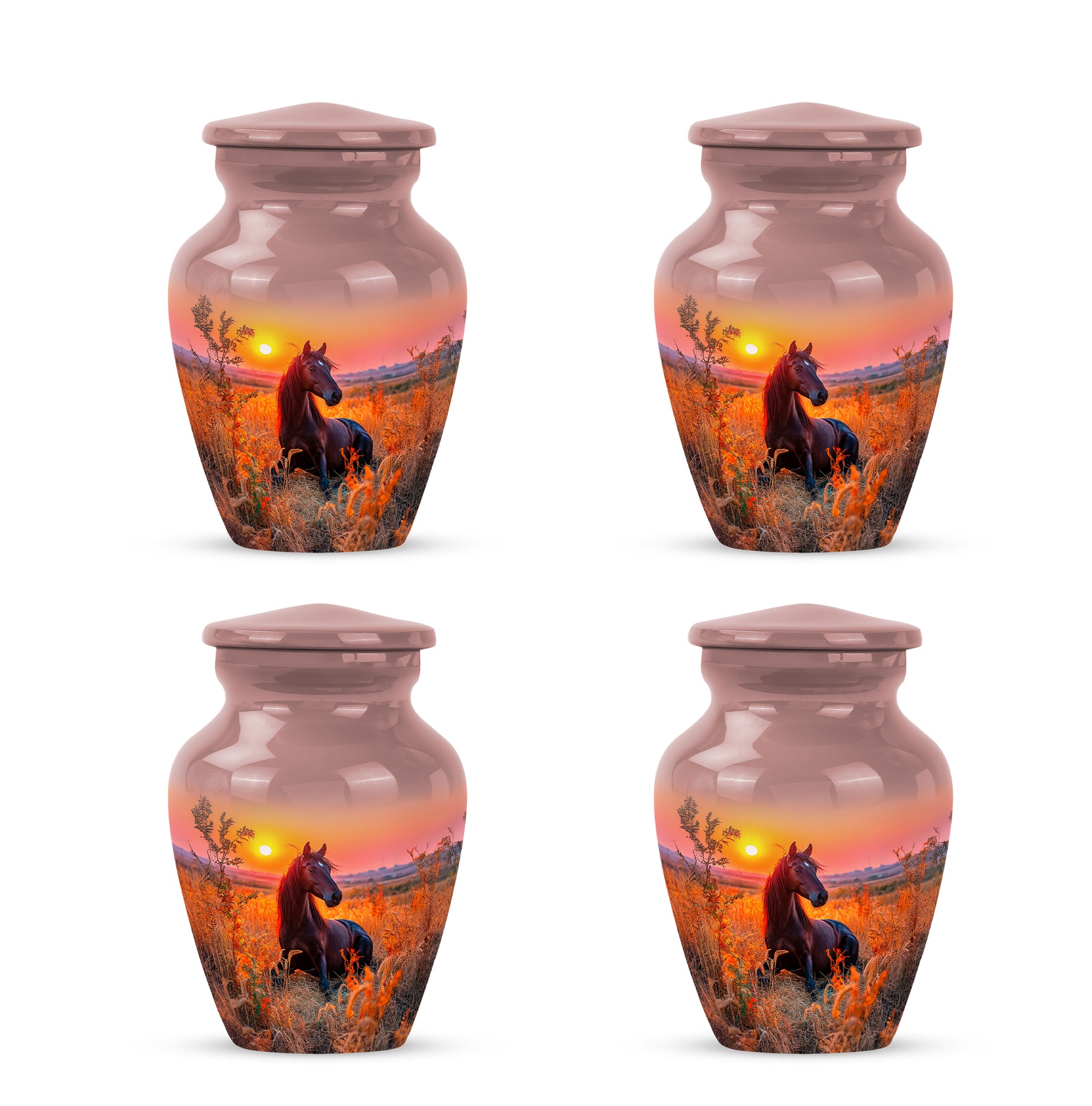 Crimson Red Horse Cremation Urn side profile showing urn shape - classic sculpted horse pattern on smooth aluminum - 10 inch aluminum urn for cremated remains