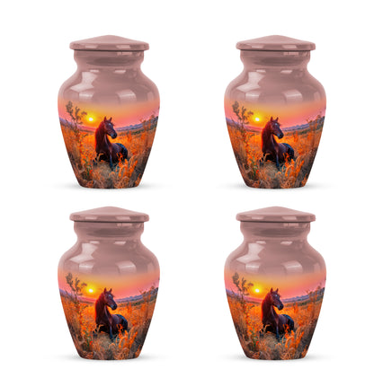 Crimson Red Horse Cremation Urn side profile showing urn shape - classic sculpted horse pattern on smooth aluminum - 10 inch aluminum urn for cremated remains