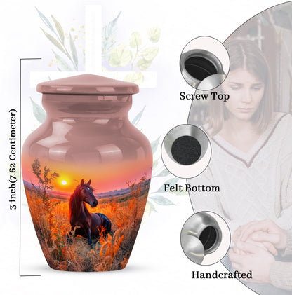 Burgundy Red Horse Cremation Urn close-up of engraving and surface detail - timeless horse motif etched into premium metal - mini keepsake memorial for portion of cremation ashes
