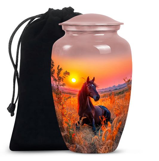 Burgundy Red Horse Cremation Urn angled view of lid and engraved motif - timeless horse motif etched into premium metal - full-size 10 inch 200 cubic inch adult cremation urn