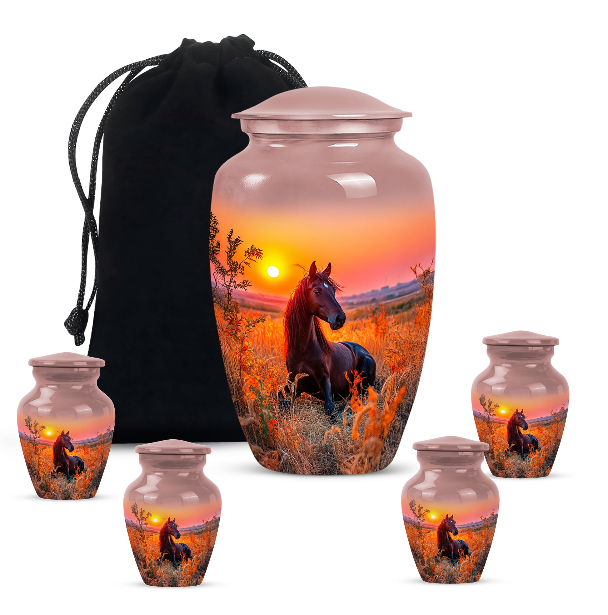 Rich Red Horse Cremation Urn top-down view of secure threaded lid - traditional horse engraving with hand-polished finish - memorial set with one large and four small urns