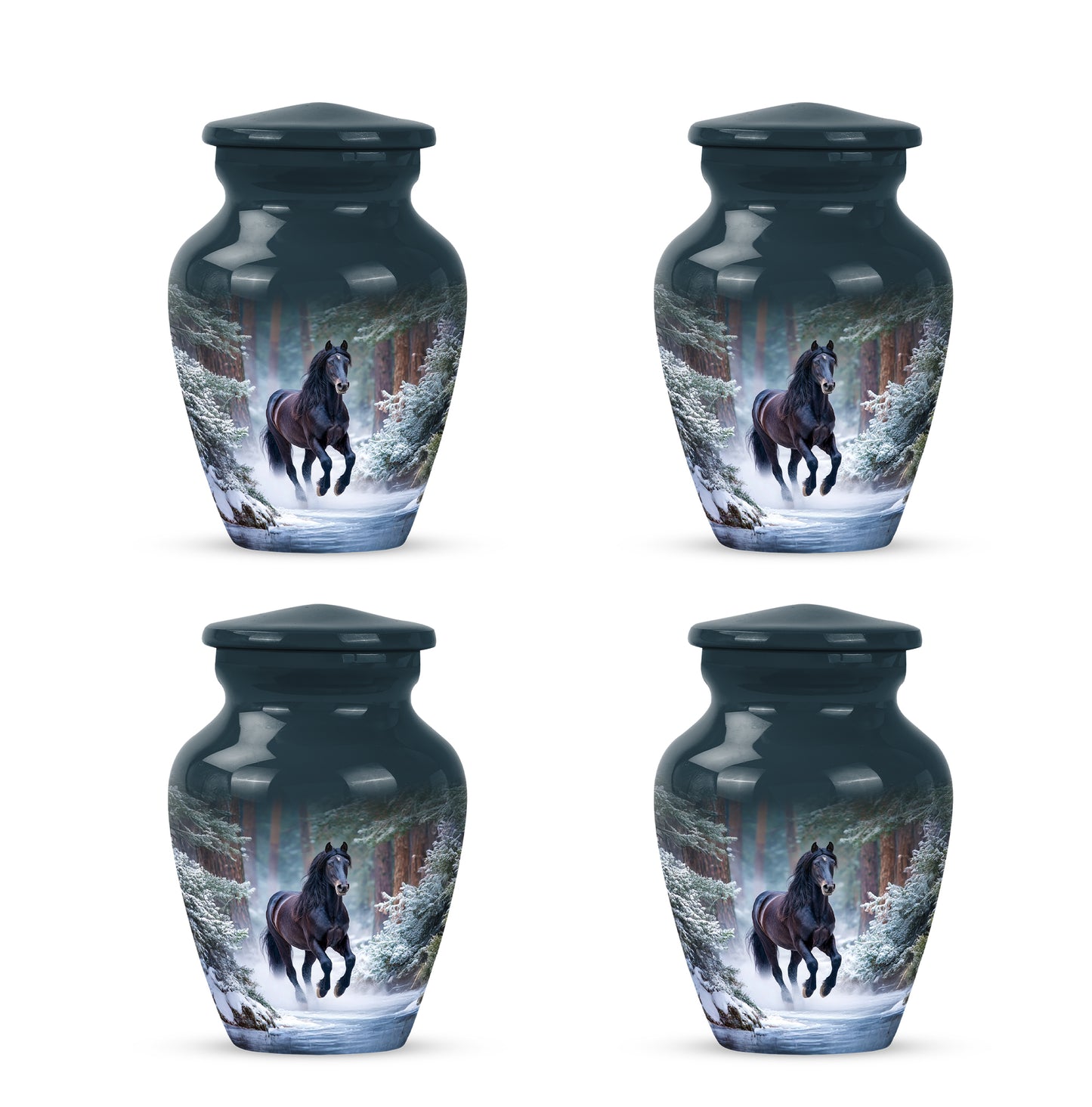 Azure Horse Cremation Urn side profile showing urn shape - classic sculpted horse pattern on smooth aluminum - 10 inch aluminum urn for cremated remains
