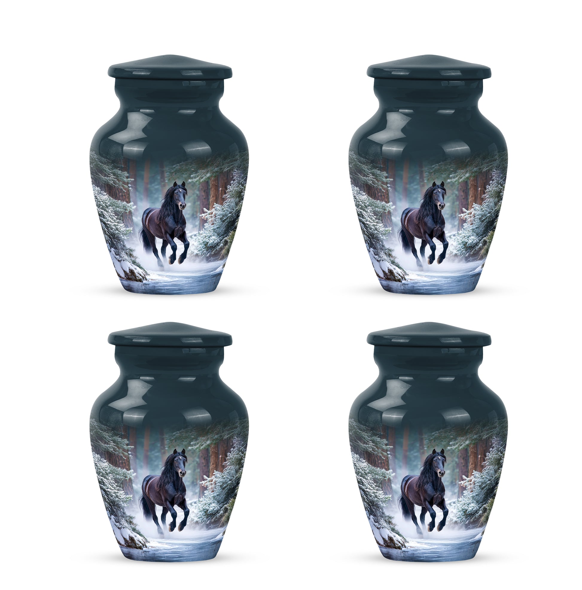 Azure Horse Cremation Urn side profile showing urn shape - classic sculpted horse pattern on smooth aluminum - 10 inch aluminum urn for cremated remains