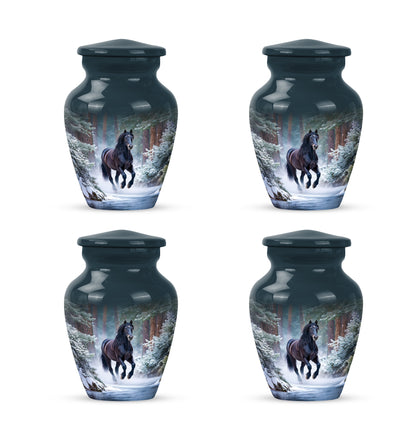 Azure Horse Cremation Urn side profile showing urn shape - classic sculpted horse pattern on smooth aluminum - 10 inch aluminum urn for cremated remains