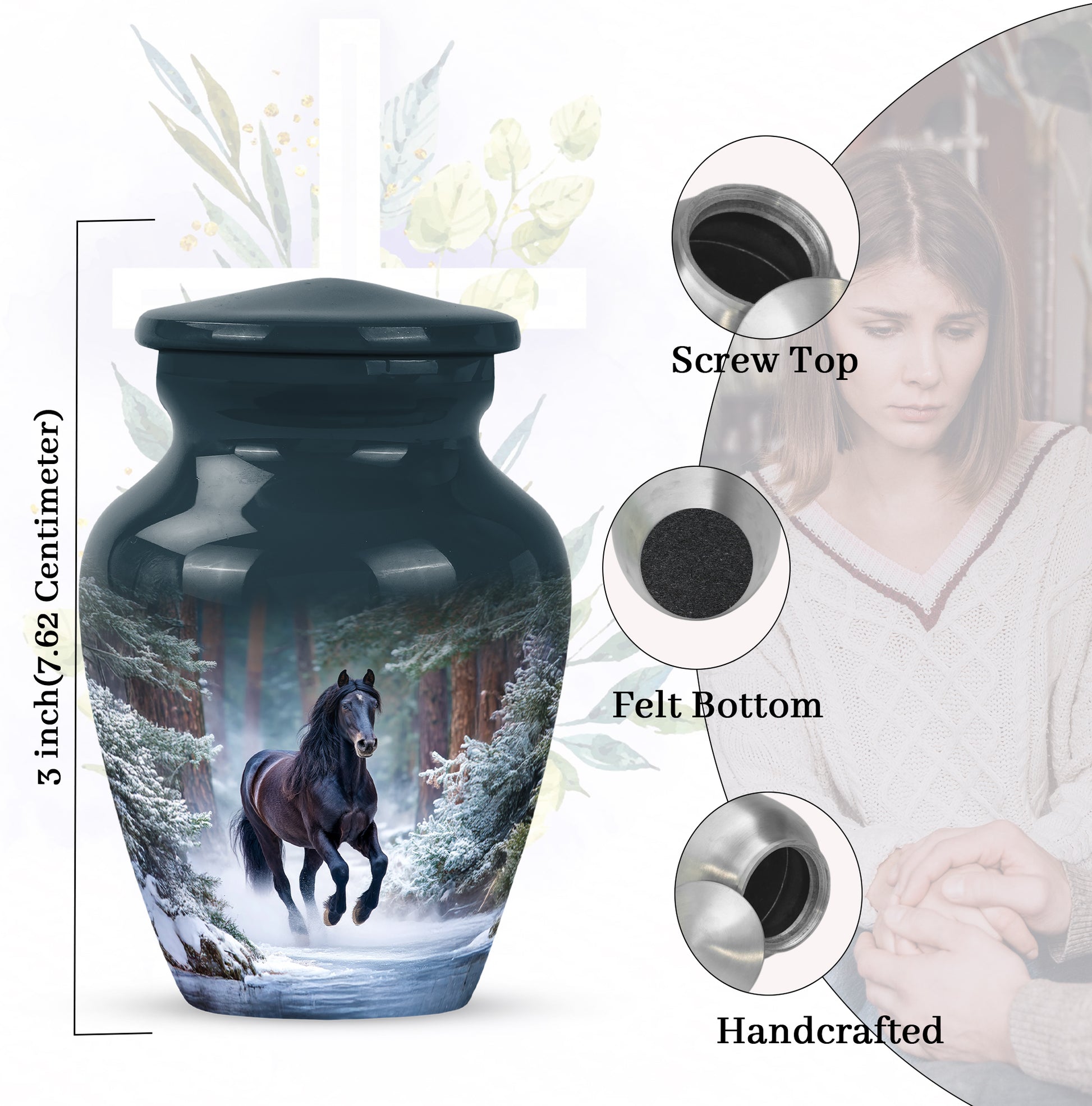 Misty Blue Horse Cremation Urn close-up of engraving and surface detail - classic sculpted horse pattern on smooth aluminum - mini keepsake memorial for portion of cremation ashes
