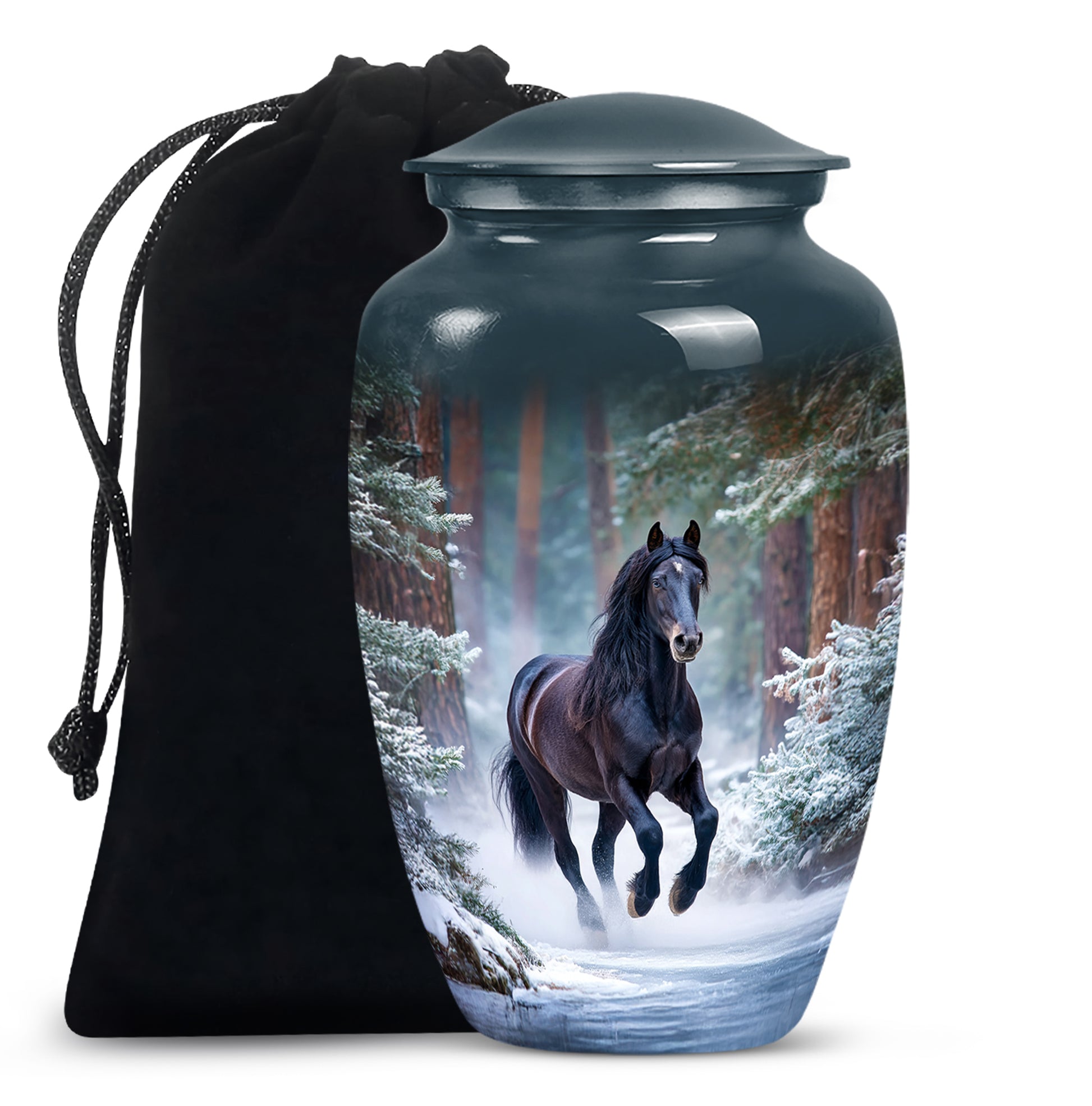 Royal Blue Horse Cremation Urn angled view of lid and engraved motif - traditional horse engraving with hand-polished finish - full-size 10 inch 200 cubic inch adult cremation urn